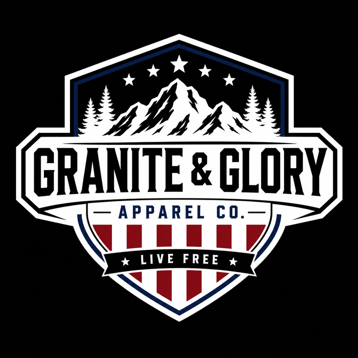 Granite & Glory Apparel Co. shield logo featuring mountains, pine trees, and Live Free motto